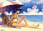  1girl 90s absurdres barefoot beach bikini feet fushigi_no_umi_no_nadia highres nadia sadamoto_yoshiyuki scuba_tank short_hair solo swimsuit umbrella 