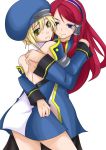  2girls arc_system_works back bad_id bare_back beret blazblue blazblue:_continuum_shift blonde_hair blue_eyes female hat highres hug long_hair multiple_girls noel_vermillion redhead short_hair smile tomoesei_chuuya tsubaki_yayoi yellow_eyes yuri 