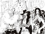  1girl 2boys abs amazon boa_hancock breasts cleavage cross crossed_arms donquixote_doflamingo dracule_mihawk dress earrings facial_hair feather_boa goatee hat heart jewelry jolly_roger lily_(artist) long_hair marineford monochrome multiple_boys muscle mustache necklace one_piece open_clothes open_shirt pendant popped_collar salome_(one_piece) shichibukai shirt short_hair skull snake spoken_heart standing sunglasses sword text thought_bubble translated weapon yoru_(one_piece) 