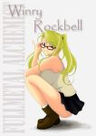  00s 1girl ass bespectacled blonde_hair blue_eyes character_name fullmetal_alchemist glasses long_hair looking_at_viewer miniskirt ponytail shatla shoes skirt smile solo squatting text winry_rockbell 