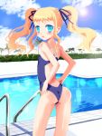  1girl adjusting_clothes adjusting_swimsuit ass bad_id bare_back blonde_hair blue_eyes clouds flat_chest from_behind kay kay_(utd) lens_flare long_hair looking_back one-piece_swimsuit open_mouth outdoors palm_tree pool pool_ladder poolside school_swimsuit solo standing sun swimsuit tree twintails 