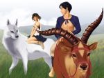  1boy 1girl 90s ashitaka black_hair brown_hair couple earrings elk hetero horns jewelry looking_back mononoke_hime moro outdoors riding san short_hair studio_ghibli wolf yakuru 