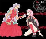  2girls 90s bindi blue_eyes dark_skin dress epaulettes flower green_eyes himemiya_anthy long_hair multiple_girls pink_hair purple_hair red_dress rose shoujo_kakumei_utena sword tassel tenjou_utena uniform wavy_hair weapon 