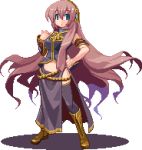  1girl boots d-01 female full_body hand_on_hip headset hips long_hair lowres megurine_luka midriff pink_hair pixel_art solo thigh-highs very_long_hair vocaloid white_background 