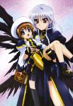  absurdres black_wings blue_eyes book brown_hair carrying fingerless_gloves gloves hashimoto_takayoshi hat highres long_hair lyrical_nanoha mahou_shoujo_lyrical_nanoha mahou_shoujo_lyrical_nanoha_a&#039;s mahou_shoujo_lyrical_nanoha_a&#039;s_portable:_the_battle_of_aces megami multiple_wings open_mouth red_eyes reinforce schwertkreuz short_hair silver_hair single_thighhigh smile thigh-highs tome_of_the_night_sky wings yagami_hayate 