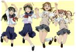  4girls absurdres black_eyes black_hair bow brown_eyes brown_hair closed_eyes detexted flower footwear hair_bow hair_flower hair_ornament head_wreath highres long_hair misaka_mikoto multiple_girls saten_ruiko school_uniform shirai_kuroko short_hair shorts skirt socks to_aru_kagaku_no_railgun to_aru_majutsu_no_index twintails uiharu_kazari upskirt 