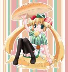  1girl black_legwear blonde_hair bun_cover cheese double_bun dripping food food_as_clothes food_themed_clothes garter_belt garters green_eyes hamburger hamburger_bun hat in_food long_hair minigirl mouth_hold original panties pantyshot smile solo striped striped_background takamura_masaya thigh-highs tomato twintails underwear waitress 