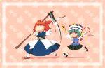  2girls 8bit absurdres angry bad_id blush bra bra_removed chasing chibi closed_eyes clothes_thief female green_hair hachi_(8bit_canvas) hat highres holding lingerie multiple_girls onozuka_komachi open_mouth red_eyes redhead rod_of_remorse scythe shiki_eiki short_hair theft touhou underwear underwear_theft white_bra 