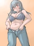  00s 1girl blush bra breasts denim dressing jeans large_breasts lingerie navel older open_fly panties pants red_eyes rozen_maiden silver_hair solo suigintou tsuda_nanafushi underwear unzipped weight_conscious 