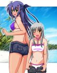  2girls ;o bikini bikini_top blush cinque_(nanoha) ginga_nakajima green_eyes hair_ribbon halterneck height_difference long_hair lyrical_nanoha mahou_shoujo_lyrical_nanoha mahou_shoujo_lyrical_nanoha_strikers midriff missing_eye multiple_girls navel numbers_(nanoha) one_eye_closed open_mouth purple_hair ribbon sakazaki_akira shorts silver_hair smile swimsuit tan tanline undressing wink yellow_eyes zakkii 