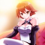  1girl bad_id blush breasts brown_eyes brown_hair character_request cleavage detached_sleeves dream_c_club female lowres short_hair sitting solo sys.ao thigh-highs 