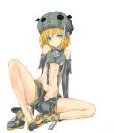  1girl bare_shoulders barefoot blonde_hair detached_sleeves flat_chest graphite_(medium) green_eyes halloween hat mixed_media nabeshima_tetsuhiro open_clothes open_shorts original pointy_ears short_hair shorts single_shoe sitting solo traditional_media zipper 