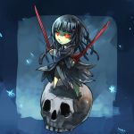  1girl black_hair chibi dual_wielding glowing glowing_eyes japanese_clothes orange_eyes pixiv_frontier skull solo sword weapon yamaada 