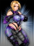  1041_(toshikazu) 1girl blonde_hair bodysuit breasts camouflage catsuit curvy detached_sleeves fighting_stance gloves hips holster knife namco nina_williams ponytail sheath skin_tight solo tekken thick_thighs thigh_holster thighs weapon wide_hips 