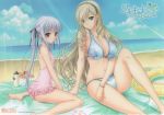 2girls arm_support back bangs bare_legs bare_shoulders barefoot beach bikini blonde_hair blue_bikini blue_eyes blue_sky blue_swimsuit bracelet breasts casual_one-piece_swimsuit celia_kumani_entory cleavage clouds collarbone copyright_name cross drill_hair ears eyes_visible_through_hair feet female floral_print frilled_swimsuit frills hair_over_one_eye hair_ribbon hairband halterneck hands head_tilt hips innertube jewelry knees komori_kei large_breasts lavender_hair legs light_rays lisa_eostre long_hair looking_at_viewer looking_back midriff multiple_girls navel necklace ocean official_art one-piece_swimsuit outdoors pendant pink_swimsuit plaid purple_hair ribbon ricotta sand see-through sitting skinny sky smile soles sunbeam sunlight swimsuit text thighs toes twintails very_long_hair violet_eyes walkure_romanze wallpaper wariza water wavy_hair 