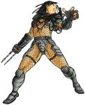  1boy 1girl aliens_vs_predator armor capcom fingerless_gloves fishnets gloves hairlocs leather_straps machiko_noguchi max_kim plasma_cannon predator predator_(movie) predator_girl science_fiction shoulder_cannon solo spoilers wrist_blades 