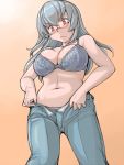  00s 1girl blush bra breasts denim dressing glasses jeans lace large_breasts lingerie navel older panties pants red_eyes rozen_maiden silver_hair solo suigintou tsuda_nanafushi unbuttoned undersized_clothes underwear unzipped weight_conscious 