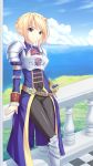  1girl armor athrun1120 bad_id belt blonde_hair clouds hair_up ocean princess_lover shiny shiny_clothes short_hair silvia_van_hossen skin_tight smile solo spandex sword violet_eyes water weapon 