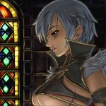  1girl bad_id blue_hair breasts dark_skin hamoto irma large_breasts queen&#039;s_blade red_eyes short_hair sideboob solo stained_glass under_boob 