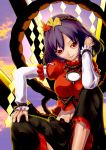  1girl abs bad_id female hair_ornament leaf leaf_hair_ornament mizusaki_(tengoku) purple_hair red_eyes short_hair smile solo sunset tengoku touhou yasaka_kanako 