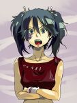  1girl angry black_hair breasts crossed_arms katekyo_hitman_reborn lal_mirch medium_breasts scar shouting solo sorabo tank_top twintails 