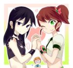  2girls ben_10 benjamin_kirby_tennyson black_eyes brown_hair earrings frown genderswap glasses green_eyes gwendolyn_tennyson hair_ornament hair_ribbon hand_holding heart jewelry kevin_ethan_levin kitaya lock long_hair midriff multiple_girls navel neck_ring necklace omnitrix ponytail ribbon shirt side_ponytail smile top wink 