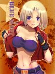  1girl bad_id belt blonde_hair blue_eyes blue_mary breasts cleavage fatal_fury fingerless_gloves gloves hanae_shuuhei king_of_fighters midriff navel short_hair sleeves_rolled_up smile solo the_king_of_fighters 