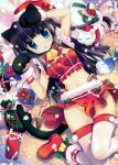  1girl absurdres animal_ears bell black_hair blue_eyes blush boots bustier cat cat_ears cat_paws cat_tail christmas frills fujima_takuya gift hat highres huge_filesize lingerie long_hair midriff no_panties paws santa_costume santa_hat scan solo tail tears thigh-highs underwear 
