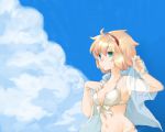  1girl alice_margatroid bad_id bikini blonde_hair blue_eyes breasts cleavage female front-tie_top hairband kuzumiya_yuyu medium_breasts open_clothes open_shirt outdoors see-through shirt short_hair sky solo swimsuit touhou 