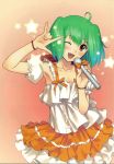  1girl ;d \m/ absurdres ahoge armpits bare_shoulders blush collarbone dress fang female fingernails frills green_hair hands head_tilt highres holding looking_at_viewer macross macross_frontier microphone music one_eye_closed open_mouth orange_skirt ranka_lee red_eyes seikan_hikou short_hair singing skirt smile solo sparkle standing star tanaka_takayuki wink wrist_ribbon 