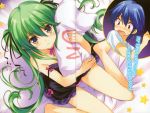  1boy 1girl absurdres blue_hair crease from_above green_hair highres long_hair lucky_chance! no panties pillow pink_panties qp:flapper scan short_hair sitting twintails underwear wariza yellow_eyes yes-no_pillow 