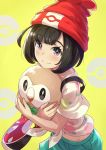  black_eyes black_hair blush bonnet female_protagonist_(pokemon) pokemon rowlet short_hair smile 