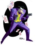  1boy batman_(series) bruce_timm card dc_comics dcau grin gun male_focus smile solo standing teeth the_joker weapon 