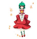  1girl ahoge ascot bad_id female green_hair kazami_yuuka long_skirt mary_janes plaid plaid_skirt plaid_vest red_eyes shoes short_hair skirt skirt_set smile solo touhou v_arms white_background youkai yutazou 