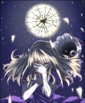  1girl blonde_hair broken_glass covering_face crack elbow_gloves female full_moon gap glaring glass gloves hand_on_own_face haruichi moon solo touhou violet_eyes white_gloves yakumo_yukari 