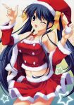  1girl absurdres blue_eyes blue_hair christmas detached_sleeves fumio_(ura_fmo) hair_ribbon hat highres hoshiuta kinoshita_midori long_hair midriff navel one_eye_closed ribbon santa_costume santa_hat solo star twintails wink 