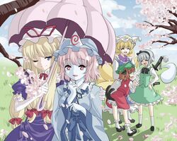  5girls animal_ears bad_id blonde_hair bow brown_hair cat_ears cat_tail chen cherry_blossoms closed_eyes creamfully elbow_gloves female fox_tail ghost gloves grass hair_bow hairband hat holding holding_umbrella katana konpaku_youmu konpaku_youmu_(ghost) long_hair long_sleeves multiple_girls multiple_tails one_eye_closed open_mouth outdoors pillow_hat pink_eyes pink_hair puffy_short_sleeves puffy_sleeves saigyouji_yuyuko sheath sheathed shoes short_hair short_sleeves silver_hair socks sword tail tassel touhou tree triangular_headpiece umbrella violet_eyes weapon wide_sleeves yakumo_ran yakumo_yukari 