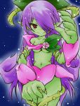  1girl alraune bad_id breasts cleavage flower green_skin hair_over_one_eye long_hair midriff monster_girl navel original plant_girl pointy_ears purple_hair raysia red_eyes rose smirk solo source_request thorns very_long_hair vines 