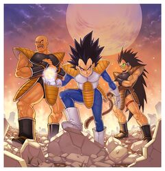  3boys armor aura bad_id bald clouds dragon_ball dragonball_z energy_ball gloves katsutake long_hair male_focus moon multiple_boys nappa raditz rubble scouter spiky_hair tail vegeta 