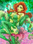  1girl bare_shoulders batman_(series) blue_eyes boots breasts chie_(artist) cleavage curly_hair dc_comics elbow_gloves female flower gloves green_legwear green_skin large_breasts leaf lipstick long_hair makeup nature navel orange_hair plant poison_ivy redhead rose sitting smile solo thigh-highs thigh_boots wearing_plant yellow_skin 