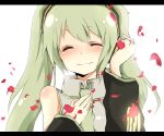  1girl bare_shoulders blush closed_eyes detached_sleeves female green_hair hand_on_headphones hatsune_miku headphones mono_(recall) necktie petals smile solo twintails vocaloid white_background 