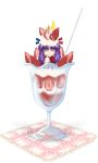  1girl chibi cream cup food food_as_clothes food_on_head fruit in_container in_cup in_food long_hair minigirl object_on_head parfait patchouli_knowledge purple_hair solo strawberry tadaneko touhou violet_eyes 