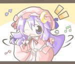  1girl aoblue chibi dancing female happy hat letterboxed long_hair microphone music musical_note one_eye_closed patchouli_knowledge purple_hair ribbon singing solo touhou violet_eyes wink 
