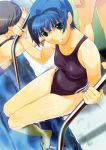  3girls absurdres barefoot blue_hair competition_swimsuit feet feet_in_water from_above green_eyes grin highres ino kimihagu looking_at_viewer multiple_girls one-piece_swimsuit pool pool_ladder poolside puddle scan short_hair sitting smile soaking_feet solo_focus swimsuit wading water wet yuzuki_minami 