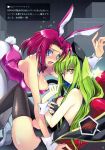  2girls absurdres animal_ears blue_eyes blush breasts bunny_girl bunny_tail bunnysuit c.c. code_geass creayus green_hair highres kallen_stadtfeld multiple_girls open_mouth pantyhose rabbit_ears redhead tail tears thigh-highs translation_request yellow_eyes yuri zero_(code_geass) 