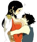  !? 1boy 1girl amazon amazon_lily between_breasts black_hair blush boa_hancock breast_smother breasts cleavage earrings height_difference hug huge_breasts jacket_on_shoulders jewelry kinako_(marubotan) long_hair monkey_d_luffy one_piece scar shichibukai size_difference 