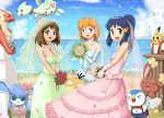  &gt;_&lt; 3girls :d ? alternate_breast_size alternate_costume alternate_hairstyle alternate_headwear balloon bare_shoulders beach blaziken blue_eyes blue_hair blush body_blush bouquet breasts bridal_veil bride brown_hair buneary cleavage closed_eyes clothed_pokemon clouds collarbone confetti dress elbow_gloves flat_chest flower frilled_dress frills glaceon gloves gouguru green_dress green_eyes gym_leader happy haruka_(pokemon) hikari_(pokemon) holding hot_air_balloon jewelry kasumi_(pokemon) large_breasts long_hair looking_at_viewer meowth mouth_hold multiple_girls necklace nintendo ocean open_mouth orange_hair outdoors petals pikachu pink_dress piplup pokemon pokemon_(anime) polygamy ponytail psyduck rose short_hair smile standing team_rocket tiara togetic veil water wedding wedding_dress what 