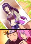  1boy 2girls belly blonde_hair blush breasts closed_eyes crop_top grin happy haruno_sakura headband hyuuga_hinata jacket large_breasts long_hair midriff multiple_girls naruto nervous photo_(object) pink_hair pointing pregnant purple_hair smile sunahara_wataru turn_pale uzumaki_naruto 