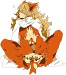  1girl :p animal_ears blonde_hair breasts cape cat_ears cleavage female hair_over_eyes hands impel_down kinako_(marubotan) one_piece sadi-chan sitting solo tongue tongue_out 