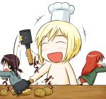  0_0 3girls :d ^_^ blonde_hair blush brown_hair chef chef_hat chibi closed_eyes erica_hartmann explosive food gertrud_barkhorn grenade hat long_hair minna-dietlinde_wilcke multiple_girls no_nipples o_o open_mouth panties potato pun redhead running scared short_hair smile strike_witches takanaga_kouhei too_literal topless twintails underwear uniform 